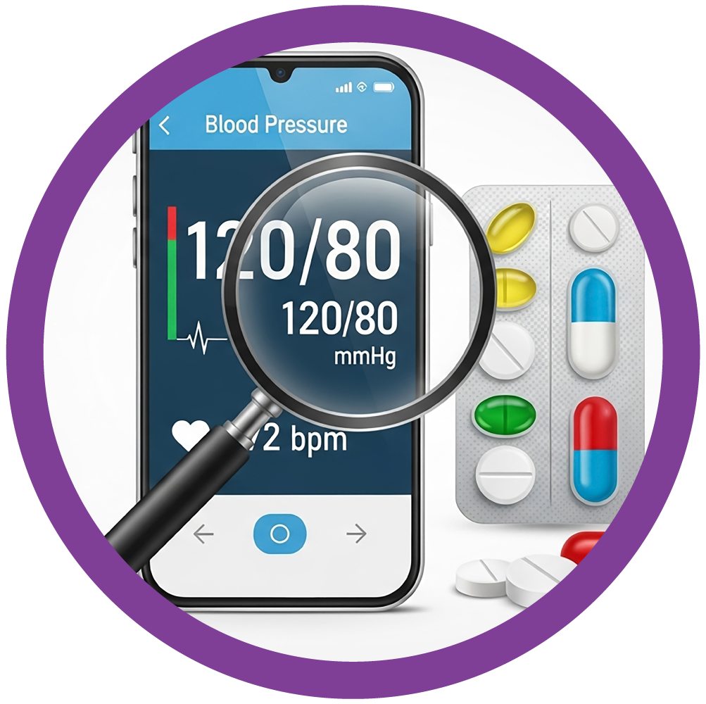 A microscope shows a blood pressure measurement on a mobile phone next to a blister pack of pills