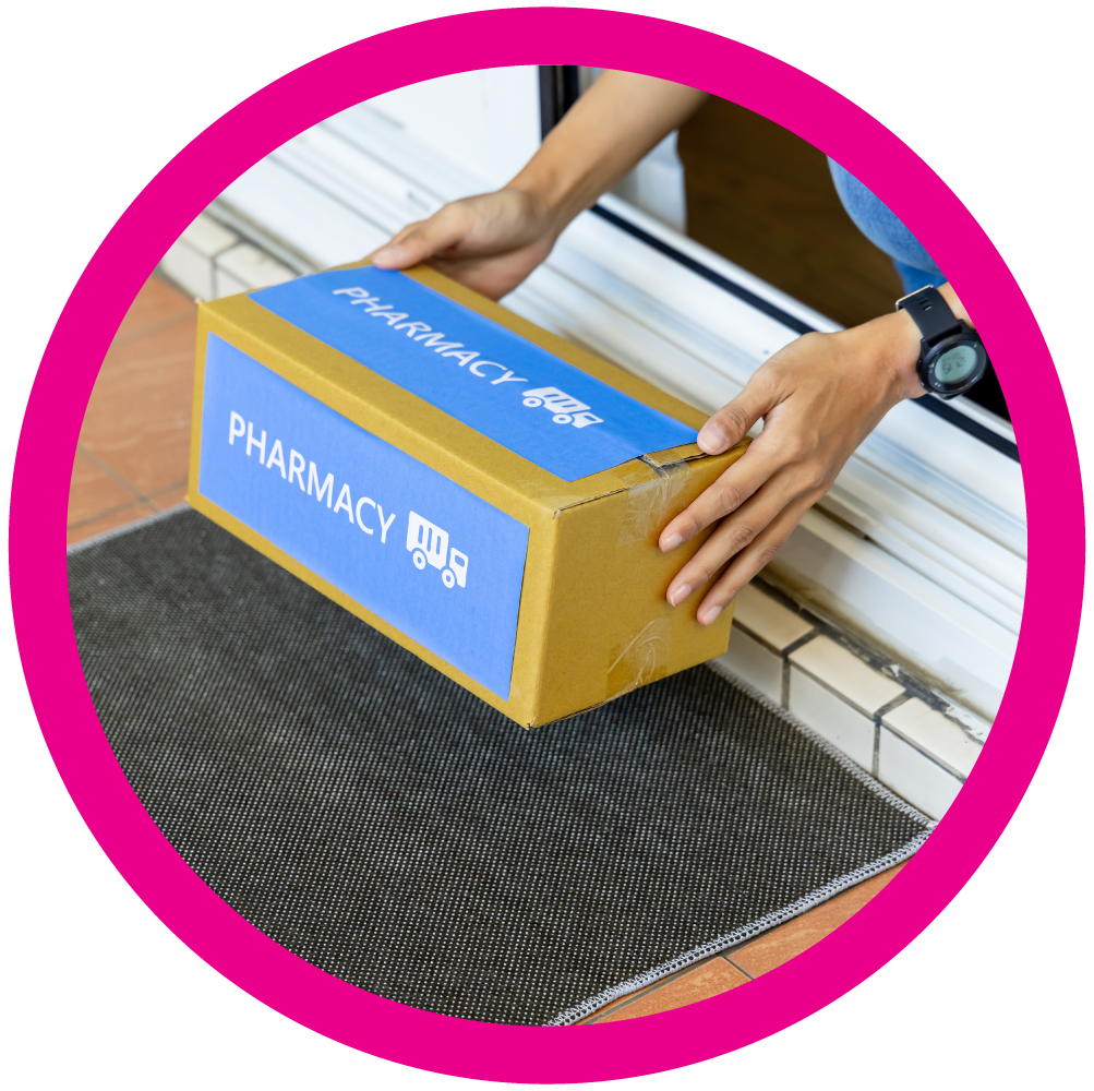 A person picks up a box of specialized medications from their doorstep